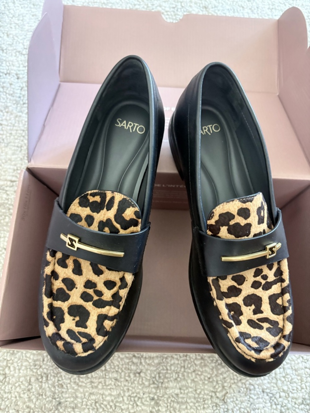 SARTO By Franco Sarto Black Leather Loafers with Leopard Print